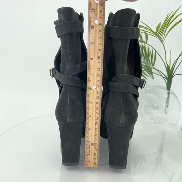 Theory Jodhpur Size 8.5 Mid Calf Black Suede Heeled Ankle Boots Booties Strap - Picture 7 of 14